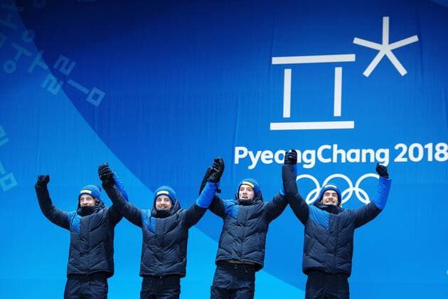 180224 Peppe Femling Jesper Nelin Sebastian Samuelsson and Fredrik Lindström of Sweden Gold celebrates at the Medal Ceremony for the Mens Biathlon 4x7 5 km relay during day fifteen of the 2018 Winter Olympics on February 24, 2018 in Pyeongchang Photo Carl Sandin BILDBYRAN Code CS 57999 322  Copyright: CARLxSANDIN BB180224CS096