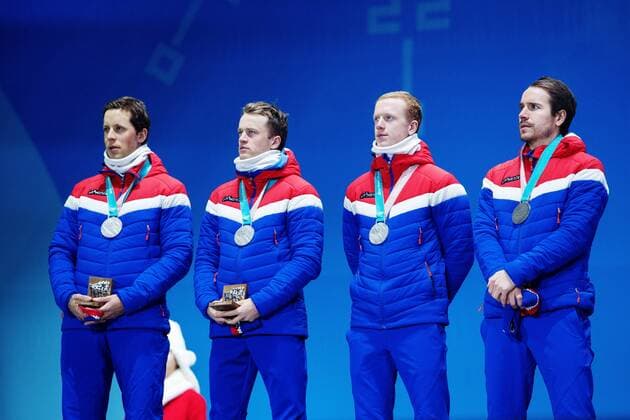 180224 Lars Helge Birkeland Tarjei Bo Johannes Thingnes Bo and Emil Hegle Svendsen of Norway Silver celebrates at the Medal Ceremony for the Mens Biathlon 4x7 5 km relay during day fifteen of the 2018 Winter Olympics on February 24, 2018 in Pyeongchang Photo Carl Sandin BILDBYRAN Code CS 57999 322  Copyright: CARLxSANDIN BB180224CS098