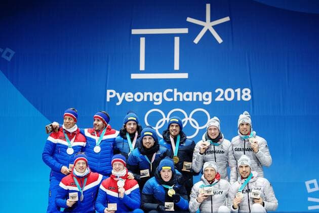 180224 Lars Helge Birkeland Tarjei Bo Johannes Thingnes Bo and Emil Hegle Svendsen of Norway Silver Peppe Femling Jesper Nelin Sebastian Samuelsson and Fredrik Lindström of Sweden Gold and Erik Lesser Benedict Doll Arnd Peiffer and Simon Schempp of Germany Bronze celebrates at the Medal Ceremony for the Men s Biathlon 4x7 5 km relay during day fifteen of the 2018 Winter Olympics on February 24, 2018 in Pyeongchang Photo Carl Sandin BILDBYRAN Code CS 57999 322  Copyright: CARLxSANDIN BB180224CS100