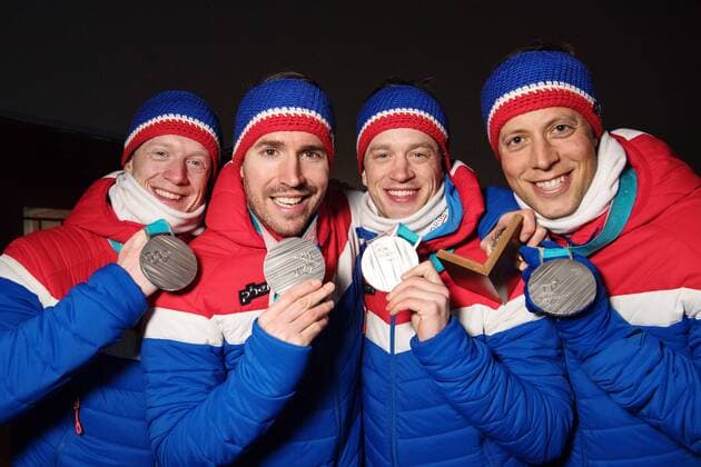 180224 Lars Helge Birkeland Tarjei Bo Johannes Thingnes Bo and Emil Hegle Svendsen of Norway Silver celebrates with their medals while posing for a picture after the Medal Ceremony for the Mens Biathlon 4x7 5 km relay during day fifteen of the 2018 Winter Olympics on February 24, 2018 in Pyeongchang Photo Carl Sandin BILDBYRAN Code CS 57999 322  Copyright: CARLxSANDIN BB180224CS115
