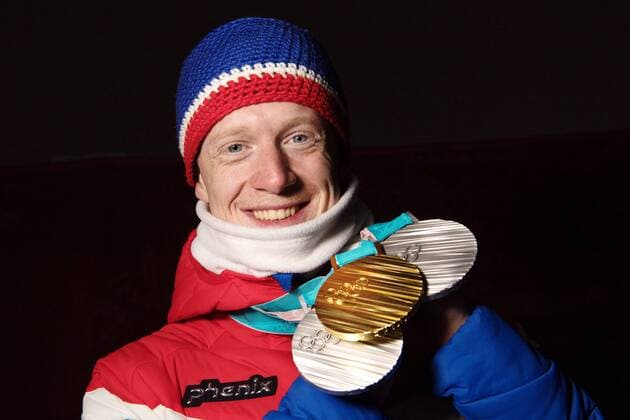 180224 Johannes Thingnes Bo celebrates with his medals while posing for a picture after the Medal Ceremony for the Mens Biathlon 4x7 5 km relay during day fifteen of the 2018 Winter Olympics on February 24, 2018 in Pyeongchang Photo Carl Sandin BILDBYRAN Code CS 57999 322  Copyright: CARLxSANDIN BB180224CS116