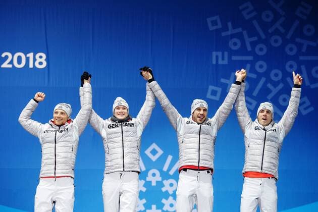 180224 Erik Lesser Benedict Doll Arnd Peiffer and Simon Schempp of Germany Bronze celebrates at the Medal Ceremony for the Mens Biathlon 4x7 5 km relay during day fifteen of the 2018 Winter Olympics on February 24, 2018 in Pyeongchang Photo Carl Sandin BILDBYRAN Code CS 57999 322  Copyright: CARLxSANDIN BB180224CS119
