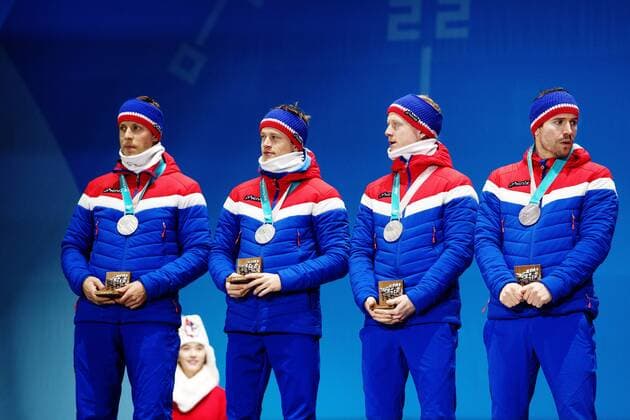 180224 Lars Helge Birkeland Tarjei Bo Johannes Thingnes Bo and Emil Hegle Svendsen of Norway Silver celebrates at the Medal Ceremony for the Mens Biathlon 4x7 5 km relay during day fifteen of the 2018 Winter Olympics on February 24, 2018 in Pyeongchang Photo Carl Sandin BILDBYRAN Code CS 57999 322  Copyright: CARLxSANDIN BB180224CS120