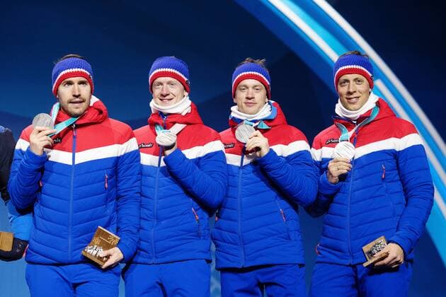 180224 Lars Helge Birkeland Tarjei Bo Johannes Thingnes Bo and Emil Hegle Svendsen of Norway Silver celebrates at the Medal Ceremony for the Mens Biathlon 4x7 5 km relay during day fifteen of the 2018 Winter Olympics on February 24, 2018 in Pyeongchang Photo Carl Sandin BILDBYRAN Code CS 57999 322  Copyright: CARLxSANDIN BB180224CS123