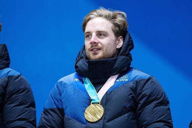 180224 Jesper Nelin of Sweden gold celebrates at the Medal Ceremony for the Mens Biathlon 4x7 5 km relay during day fifteen of the 2018 Winter Olympics on February 24, 2018 in Pyeongchang Photo Carl Sandin BILDBYRAN Code CS 57999 322  Copyright: CARLxSANDIN BB180224CS128