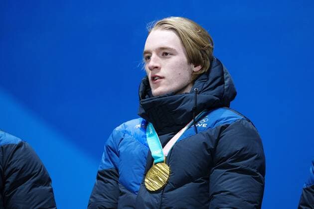 180224 Sebastian Samuelsson of Sweden celebrates at the Medal Ceremony for the Mens Biathlon 4x7 5 km relay during day fifteen of the 2018 Winter Olympics on February 24, 2018 in Pyeongchang Photo Carl Sandin BILDBYRAN Code CS 57999 322  Copyright: CARLxSANDIN BB180224CS129