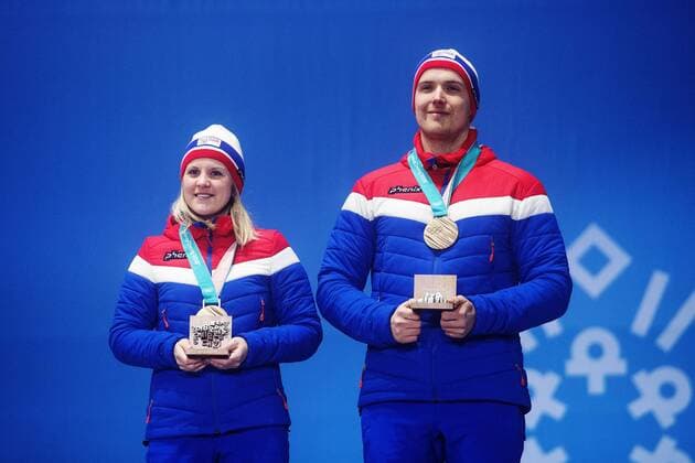 180224 Kristin Moen Skaslien and Magnus Nedregotten of Norway awarded a bronze after a russian athlete was disqualified celebrate at the Medal Ceremony for the Mixed Double Curling Event during day fifteen of the 2018 Winter Olympics on February 24, 2018 in Pyeongchang Photo Carl Sandin BILDBYRAN Code CS 57999 322  Copyright: CARLxSANDIN BB180224CS148