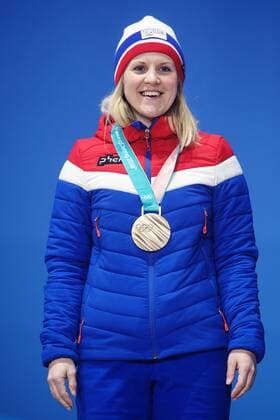 180224 Kristin Moen Skaslien of Norway awarded a bronze after a russian athlete was disqualified celebrate at the Medal Ceremony for the Mixed Double Curling Event during day fifteen of the 2018 Winter Olympics on February 24, 2018 in Pyeongchang Photo Carl Sandin BILDBYRAN Code CS 57999 322  Copyright: CARLxSANDIN BB180224CS149