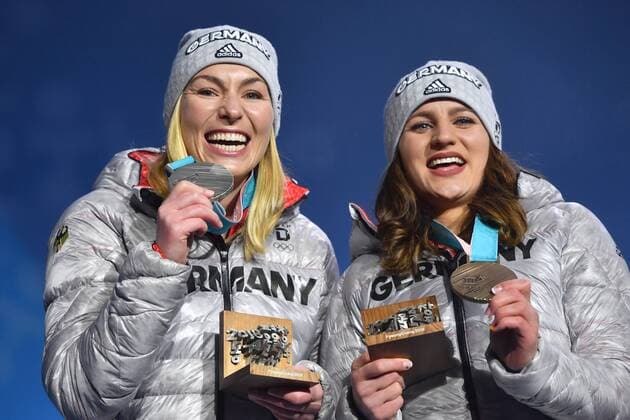 Selina JOERG GER 2nd place and Ramona HOFMEISTER GER 3 place with medals Silver Medal Bronze Medal Snowboard Parallel Giant Slalom Snowboard Ladies Parallel Giant Slalom Paralle Giant Slalom Womens Victory Ceremony PyeongChang Olympic Medals Plaza on 24 02 2018 2018 Winter Olympics from 09 02 25 02 2018 in PyeongChang South Korea