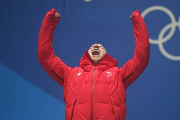 OLYMPICS - 2018 Winter Olympics PYEONGCHANG,SOUTH KOREA,24.FEB.18 - OLYMPICS, SNOWBOARDING - Olympic Winter games Winterspiele Spiele Summer games PyeongChang 2018, Medals Plaza, award ceremony, parallel giant slalom, men. Image shows Nevin Galmarini (SUI). GEPAxpictures xMathiasxMandl