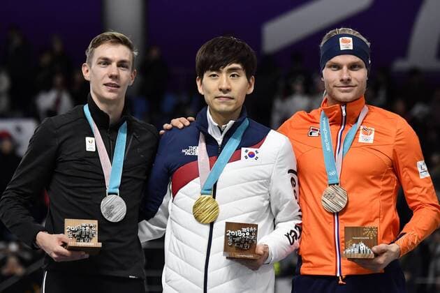 Belgian silver medalist Bart Swings, South Korean gold medalist Seung-Hoon Lee and Dutch bronze medalist Koen Verweij pictured on the podium during the medal ceremony after the men s mass start Speed skating Eisschnelllauf event at the XXIII Olympic Winter games Winterspiele Spiele Summer games Saturday 24 February 2018, in Pyeongchang, South Korea. The Winter Olympics are taking place from 9 February to 25 February in Pyeongchang County, South Korea. DIRKxWAEM  x05301959x