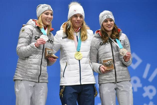 Selina JOERG GER Ester LEDECKA CZE Ramona HOFMEISTER GER with medals Snowboard Parallel Giant Slalom Snowboard Ladies Parallel Giant Slalom Womens Parallel Giant Slalom Victory Ceremony Presentation ceremony PyeongChang Olympic Medals Plaza on 24 02 2018 2018 Winter Olympics in PyeongChang South Korea