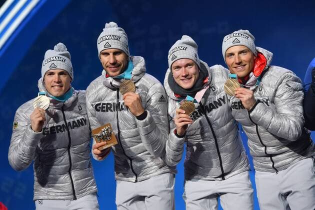 v left Simon SCHEMPP GER Vinzenz GEIGER Benedict DOLL Erik LESSER with medals Bronze medal Bronze Biathlon Men s 4x7 5 km Relay Season of the men Victory Ceremony Presentation ceremony PyeongChang Olympic Medals Plaza on 24 02 2018 2018 Olympic Winter Games 09 02 25 02 2018 in PyeongChang South Korea