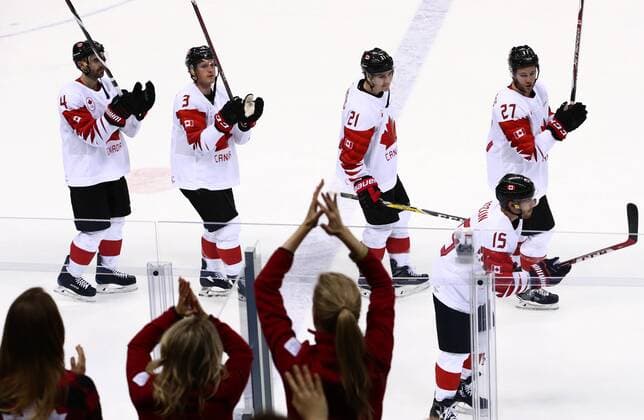GANGNEUNG, SOUTH KOREA - FEBRUARY 24, 2018: Canada s players celebrate winning the men s bronze medal Ice hockey Eishockey game between the Czech Republic and Canada at Gangneug Hockey Centre at the 2018 Winter Olympic Games Olympische Spiele Olympia OS Canada won the game 6-4. Valery Sharifulin TASS  TS07598E