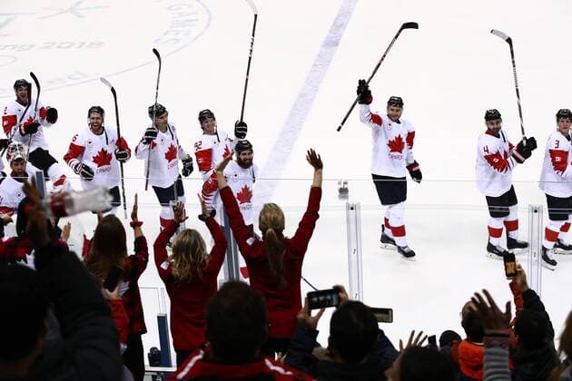GANGNEUNG, SOUTH KOREA - FEBRUARY 24, 2018: Canada s players celebrate winning the men s bronze medal Ice hockey Eishockey game between the Czech Republic and Canada at Gangneug Hockey Centre at the 2018 Winter Olympic Games Olympische Spiele Olympia OS Canada won the game 6-4. Valery Sharifulin TASS  TS07598F