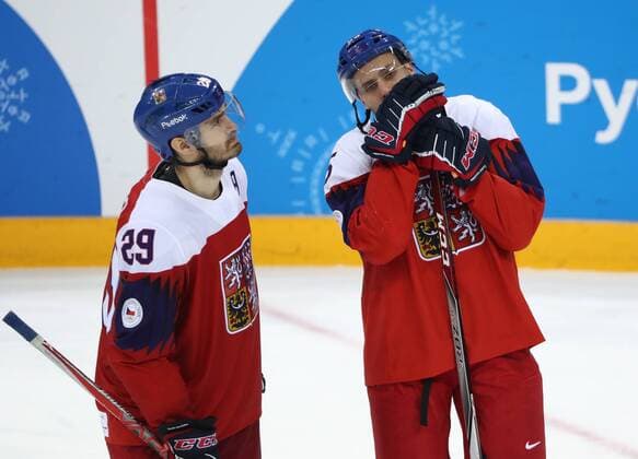 GANGNEUNG, SOUTH KOREA - FEBRUARY 24, 2018: The Czech Republic s Jan Kovar (L) and Vojtech Mozik seen after losing the men s bronze medal Ice hockey Eishockey game between the Czech Republic and Canada at Gangneug Hockey Centre at the 2018 Winter Olympic Games Olympische Spiele Olympia OS Canada won the game 6-4. Valery Sharifulin TASS  TS075993