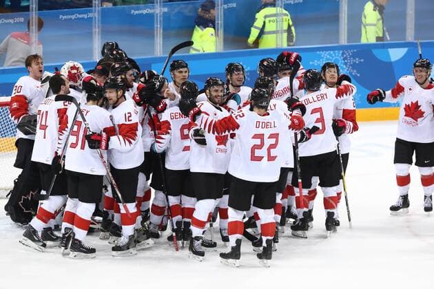 GANGNEUNG, SOUTH KOREA - FEBRUARY 24, 2018: Canada s players celebrate winning the men s bronze medal Ice hockey Eishockey game between the Czech Republic and Canada at Gangneug Hockey Centre at the 2018 Winter Olympic Games Olympische Spiele Olympia OS Canada won the game 6-4. Valery Sharifulin TASS  TS075994