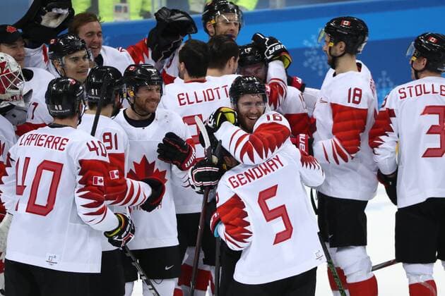 GANGNEUNG, SOUTH KOREA - FEBRUARY 24, 2018: Canada s players celebrate winning the men s bronze medal Ice hockey Eishockey game between the Czech Republic and Canada at Gangneug Hockey Centre at the 2018 Winter Olympic Games Olympische Spiele Olympia OS Canada won the game 6-4. Valery Sharifulin TASS  TS075995