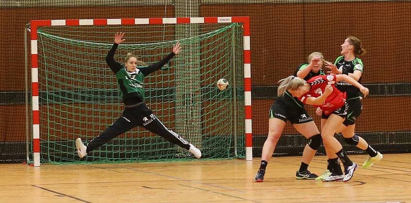 TV Nelingen TSV Bayer 04 Leverkusen 24 02 2018 Germany Hanball Bundesliga Women Season 2017 2018 TV Nellingen TSV Bayer 04 Leverkusen No. 12 Sarah Wachter NellingeN No. 7 Mia Zschocke Leverkusen Photo Herbert Rudel