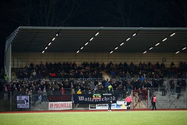 Thursday 22 02 2018 Season 2017 2018 20 Matchday of the Regionalliga West in Bochum Lohrheidestadion SG Wattenscheid 09 BVB 09 Borussia Dortmund II The Wattenscheider fans support their team on the opposite stand