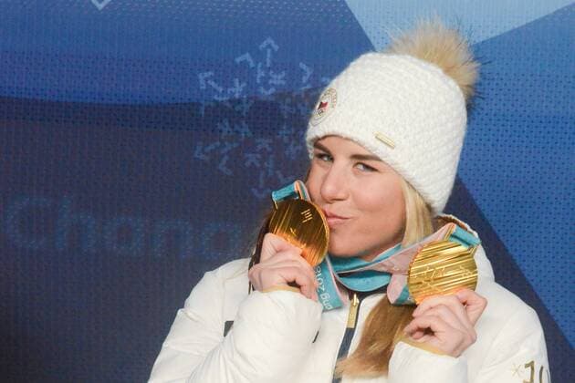 February 24, 2018 - Pyeongchang, South Korea - ESTER LEDECKA of the Czech Republic with her gold medals from the Super-G alpine ski race and the Parallel Giant Slalom snowboard race events in the PyeongChang Olympic Games Olympische Spiele Olympia OS Pyeongchang 18: Medal Winners - ZUMAl132 20180224_zap_l132_061 Copyright: xChristopherxLevyx