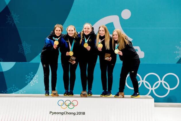 180225 Anna Hasselborg Sara McManus Agnes Knochenhauer and Sofia Mabergs of Sweden with the gold medals after winning the Womens Curling Final between South Korea and Sweden during day sixteen of the 2018 Winter Olympics on February 25, 2018 in Pyeongchang Photo Petter Arvidson BILDBYR N Code PA 160200  Copyright: PETTERxARVIDSON BB180225PA022