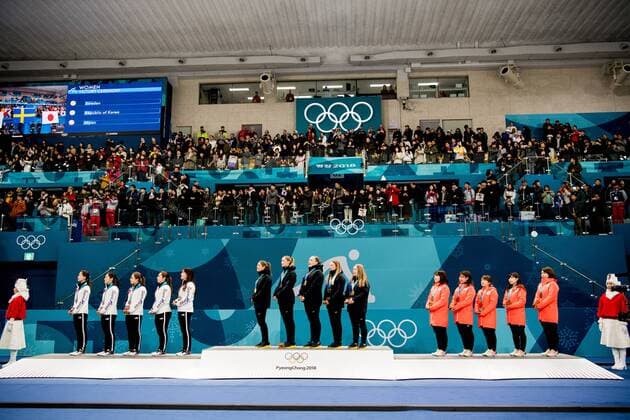 180225 Players of South Korea Sweden and Japan on the podium after the Womens Curling Final between South Korea and Sweden during day sixteen of the 2018 Winter Olympics on February 25, 2018 in Pyeongchang Photo Petter Arvidson BILDBYR N Code PA 160200  Copyright: PETTERxARVIDSON BB180225PA032