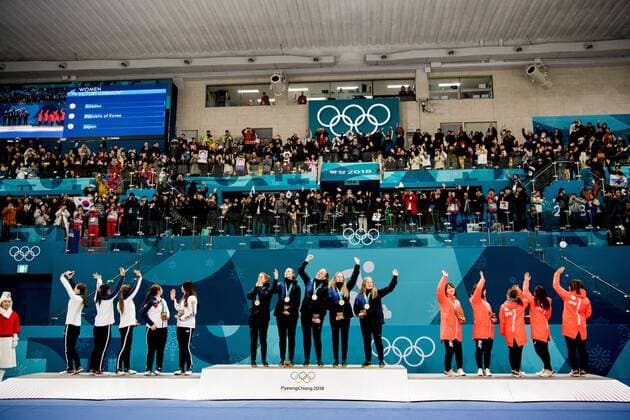 180225 Players of South Korea Sweden and Japan receive the silver gold and bronze medals on the podium after the Womens Curling Final between South Korea and Sweden during the day sixteen of the 2018 Winter Olympics on February 25, 2018 in Pyeongchang Photo Petter Arvidson PICTURE BODY N Code PA 160200  Copyright: PETTERxARVIDSON BB180225PA033