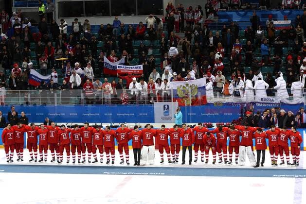 GANGNEUNG, SOUTH KOREA - FEBRUARY 25, 2018: The Olympic Athletes from Russia at a victory ceremony after the men s gold medal Ice hockey Eishockey game against Germany at Gangneung Hockey Centre at the 2018 Winter Olympic Games Olympische Spiele Olympia OS The Olympic Athletes from Russia won 4-3 in overtime. Valery Sharifulin TASS  TS075A4F