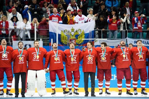 180225 Team Russia OAR celebrating after winning the Ice Hockey Mens Final between Olympic Athletes from Russia OAR and Germany during day sixteen of the 2018 Winter Olympics on February 25, 2018 in Pyeongchang Photo Joel Marklund BILDBYRAN Code JM 87649  Copyright: JOELxMARKLUND BB180225JM056