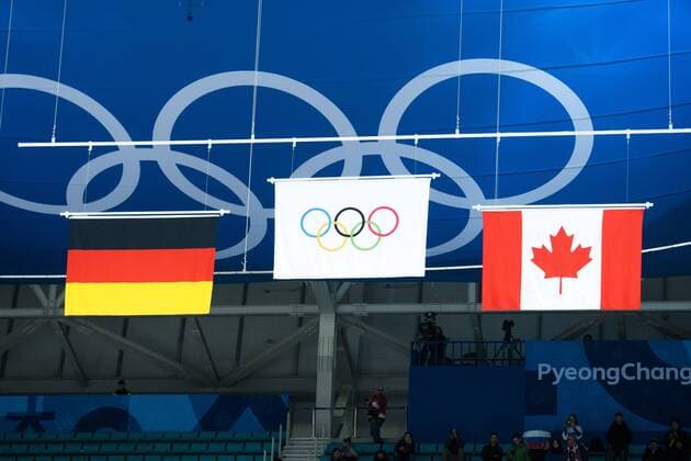 180225 Flags of Team Germany silver Team Russia OAR Gold and Team Canada Bronze after the Ice Hockey Mens Final between Olympic Athletes from Russia OAR and Germany during day sixteen of the 2018 Winter Olympics on February 25, 2018 in Pyeongchang Photo Joel Marklund BILDBYR N kod JM 87649  Copyright: JOELxMARKLUND BB180225JM058