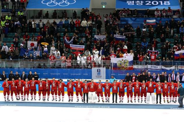 GANGNEUNG, SOUTH KOREA - FEBRUARY 25, 2018: Gold medalists, the Olympic Athletes from Russia at a victory ceremony for the men s Ice hockey Eishockey event at Gangneung Hockey Centre at the 2018 Winter Olympic Games Olympische Spiele Olympia OS The Olympic Athletes from Russia won 4-3 in overtime. Valery Sharifulin TASS  TS075A68