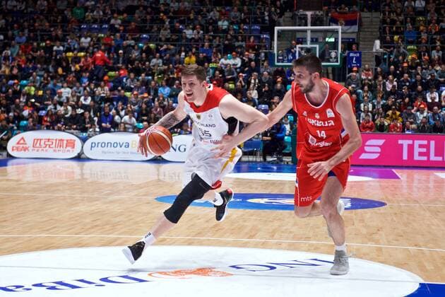 Basketball Frankfurt 23 02 2018 European Qualifiers for the 2019 World Cup 2019 Germany GER Serbia SRB Isaiah Hartenstein Germany No 55 Stefan Bircevic Serbia No 14