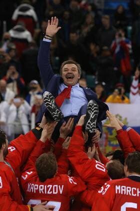 Russian players throws up head coach Oleg Znarok in jubilation after beating Germany in overtime 3-2 to win the gold medal in the final of the men s Ice hockey Eishockey at the Gangneung Hockey Centre In Gangneung, South Korea, during the 2018 Pyeongchang Winter Olympics on February 25, 2018.  OLY20180225803 ANDREWxWONG