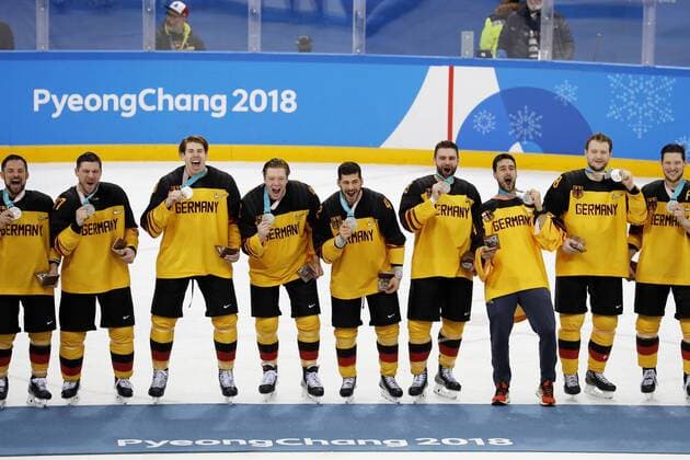 Team GER with Olympic champion in the silver medal award. Hockey Final RUS GER 4 3 Olympic Winter Games 2018 Pyeongchang South Korea 2018 Olympic Winter Games Pyeongchang 25 February 2018