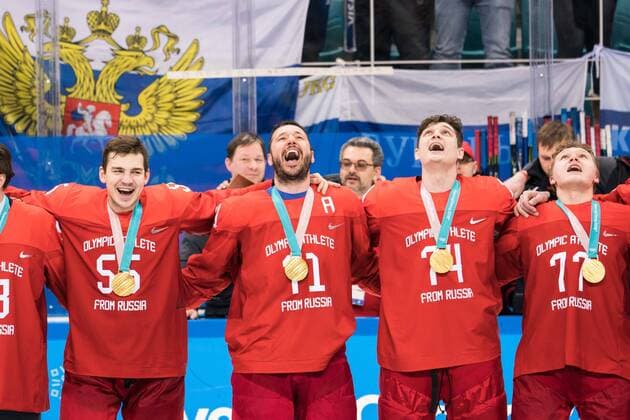 (180225) -- PYEONGCHANG, Feb. 25, 2018 -- Olympic athletes from Russia sing their national anthem after winning men s Ice hockey Eishockey final against Germany at Gangneung Hockey Centre, in Gangneung, South Korea, Feb. 25, 2018. The Olympic Athletes from Russia team defeated Germany 4:3 and won the gold medal. ) (SP)OLY-SOUTH KOREA-PYEONGCHANG-ICE HOCKEY-MEN S GOLD MEDAL GAME-OAR VS GER WuxZhuang 