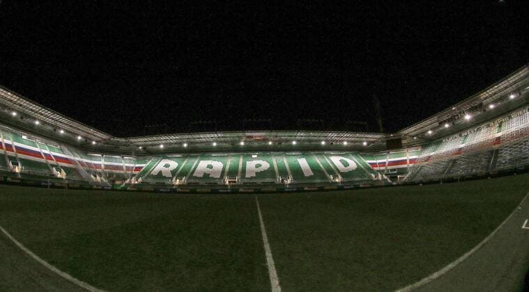 Vienna Austria 24 2 2018 Sport Soccer Tipico Soccer Bundesliga SK Rapid Wien vs. LASK Photo shows features the empty Allianz Stadium with illuminated tribunes 24 02 18 Vienna Austria Sport Soccer Tipico Soccer Bundesliga SK Rapid Vienna vs LASK Image shows Features the empty Allianz Stadium with illuminated tribunes 180224 SEPA 13 051 jpg xsmmpJPGx