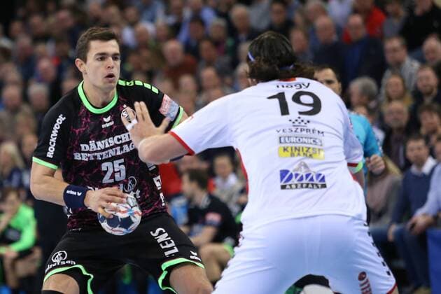 Rasmus Lauge Schmidt SG Flensburg Handewitt 25 Laszlo Nagy Telekom Veszprem HC 19 Flensburg Schleswig Holstein Germany Flens Arena Copyright: xAgentur54Gradx xSpeedphotosx