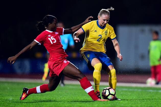 180228 Canadas Nichelle Prince and Swedens Jonna Andersson during the football match in the Algarve Cup 2018 between Canada and Sweden on 28 February 2018 in Parchal  Copyright: LUDVIGxTHUNMAN BB180228LT045