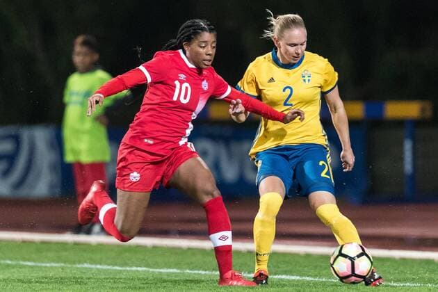 (L-R) Ashley Lawrence of Canada women, Jonna Andersson of Sweden women during the Algarve Cup 2018 match between Canada and Sweden at the Estadio Municipal da Bela Vista on February 28, 2018 in Parchal, Portugal Algarve Cup 2018 2017 2018 xVIxVIxImagesx xGerritxvanxKeulenxIVx 10214782