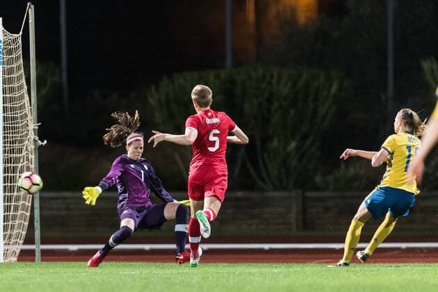 (L-R) goalkeeper Stephanie Labbe of Canada women, za5, Fridolina Rolfo of Sweden women during the Algarve Cup 2018 match between Canada and Sweden at the Estadio Municipal da Bela Vista on February 28, 2018 in Parchal, Portugal Algarve Cup 2018 2017 2018 xVIxVIxImagesx xGerritxvanxKeulenxIVx 10214833