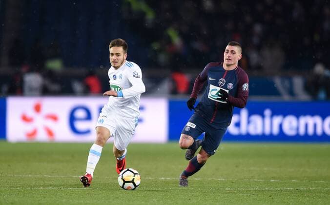 Yusuf Sari ( Olympique Marseille ) - Marco Verrati ( PSG ) FOOTBALL : Paris Saint Germain vs Olympique de Marseille - Coupe de France - Paris - 28 02 2018 FedericoPestellini Panoramic 