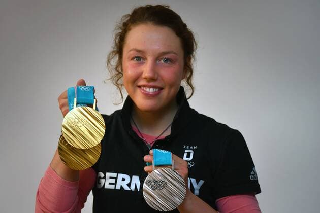 Double olympia winner Laura DAHLMEIER GER with her medals she won at the Olympic Winter Games 2018 in PyeongChang South Korea DSV press event with Laura DAHLMEIER on 02 03 2018 Biathlon