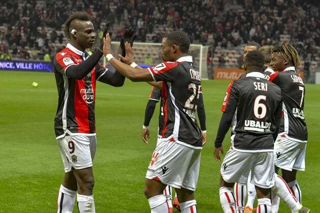 Joie - but - Wylan Cyprien (OGC Nice) - Mario Balotelli (OGC Nice) - Jean Michael Seri (OGC Nice) - Allan Saint Maximin (OGC Nice) FOOTBALL : OGC Nice vs Lille - Ligue 1 - Nice - 02 03 2018 NorbertScanella Panoramic 