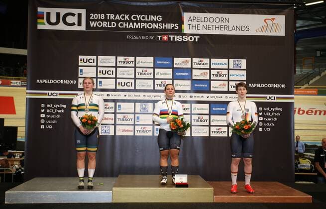UCI 2018 Track Cycling World Championships 2018 Apeldoorn NED 02 03 2018 xmdx Womens Sprint Victory Ceremony from left 2nd Stephanie MORTON AUS Australia silver World Champion Kristina VOGEL GER Germany Germany 3rd Pauline Sophie GRABOSCH GER Germany Germany bronze 2018 Track Cycling World Championships