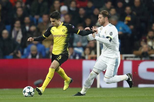 (L-R) Marc Bartra of Borussia Dortmund, Sergio Ramos of Real Madrid during the UEFA Champions League group H match between Real Madrid and Borussia Dortmund on December 06, 2017 at the Santiago Bernabeu stadium in Madrid, Spain. UEFA Champions League 2017 2018 xVIxVIxImagesx xMauricexvanxSteenxIVx 10230449