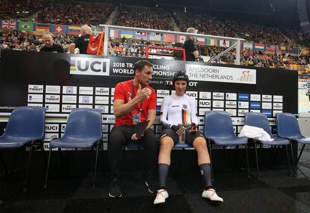 UCI 2018 Track Cycling World Championships 2018 Apeldoorn NED 03 03 2018 xxlx womans individual pursuit qualification 3000m Lisa BRENNAUER GER Germany Germany 3rd place 3rd place in qualifying at the start left national coach women track endurance Andre KORFF 2018 Track Cycling World Championships