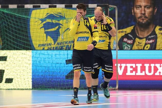 v li Bogdan Radivojevic RNL 14 Rafael Baena Gonzalez RNL 16 disappointed looking disappointment frustration disappointed pessimistic handball Champions League Rhein Neckar lion HBC Nantes xozx