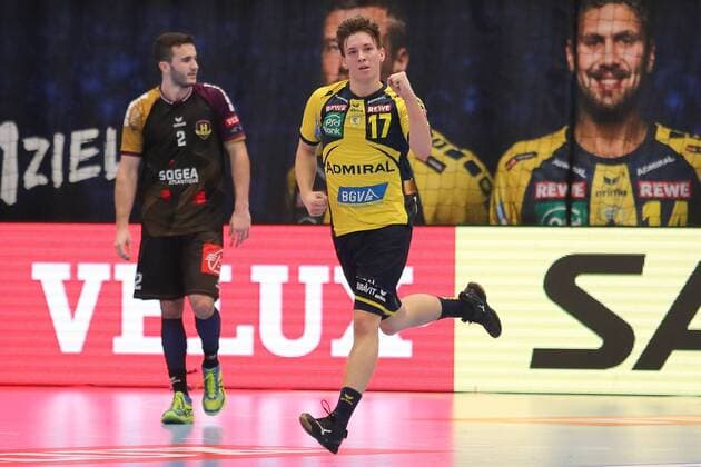 Jerry Tollbring RNL 17 rejoices over a goal cheering goal success scored the goal goal celebration cheering over the goal optimistic action action handball Champions League Rhein Neckar lions HBC Nantes xozx