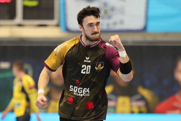 Lucien Auffret HBC 20 celebrates a goal Cheers Torjubel Goalkeeping celebrate the goal goal celebration Cheers over the goal optimistic Action Action Handball Champions League Rhein Neckar Löwen HBC Nantes xozx